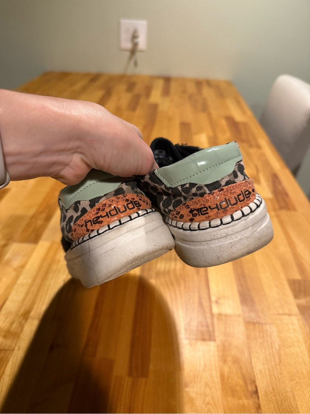 Hey Dude Black Canvas Slip-On Sneakers with Leopard Accent and Mint Heel - Picture 3 of 4